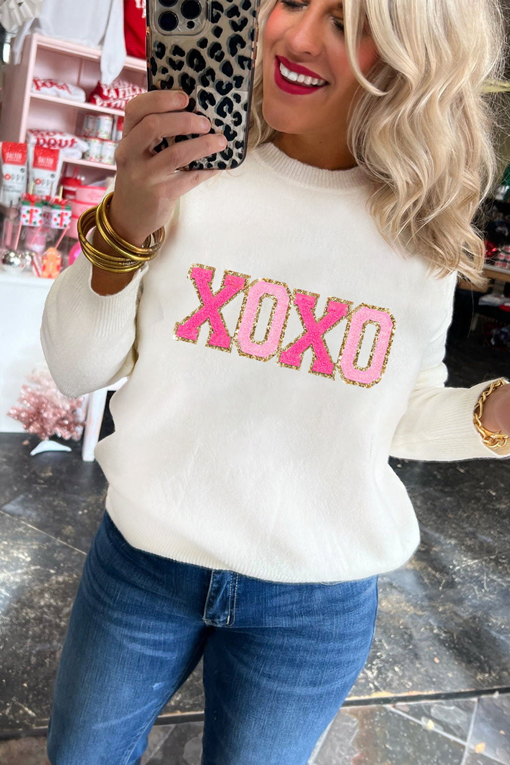 Black XOXO Chenille Letter Round Neck Casual Sweater