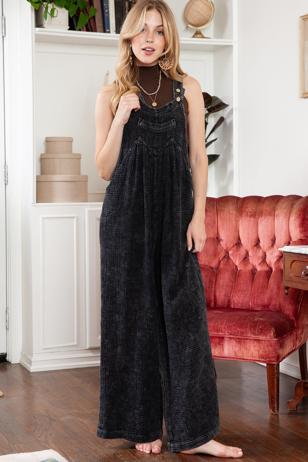 Black Crinkle Loose Fit Wide Leg Jumpsuit