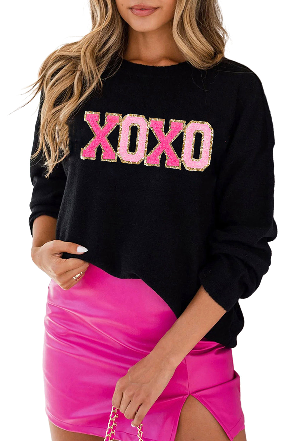 Black XOXO Chenille Letter Round Neck Casual Sweater