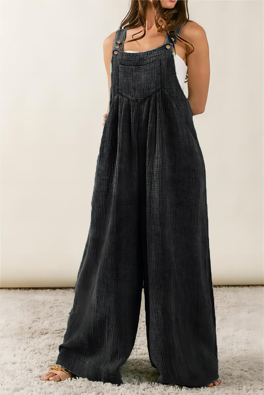 Black Crinkle Loose Fit Wide Leg Jumpsuit