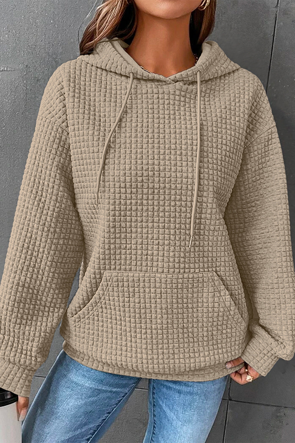 Gray Lattice Textured Kangaroo Pocket Drawstring Hoodie