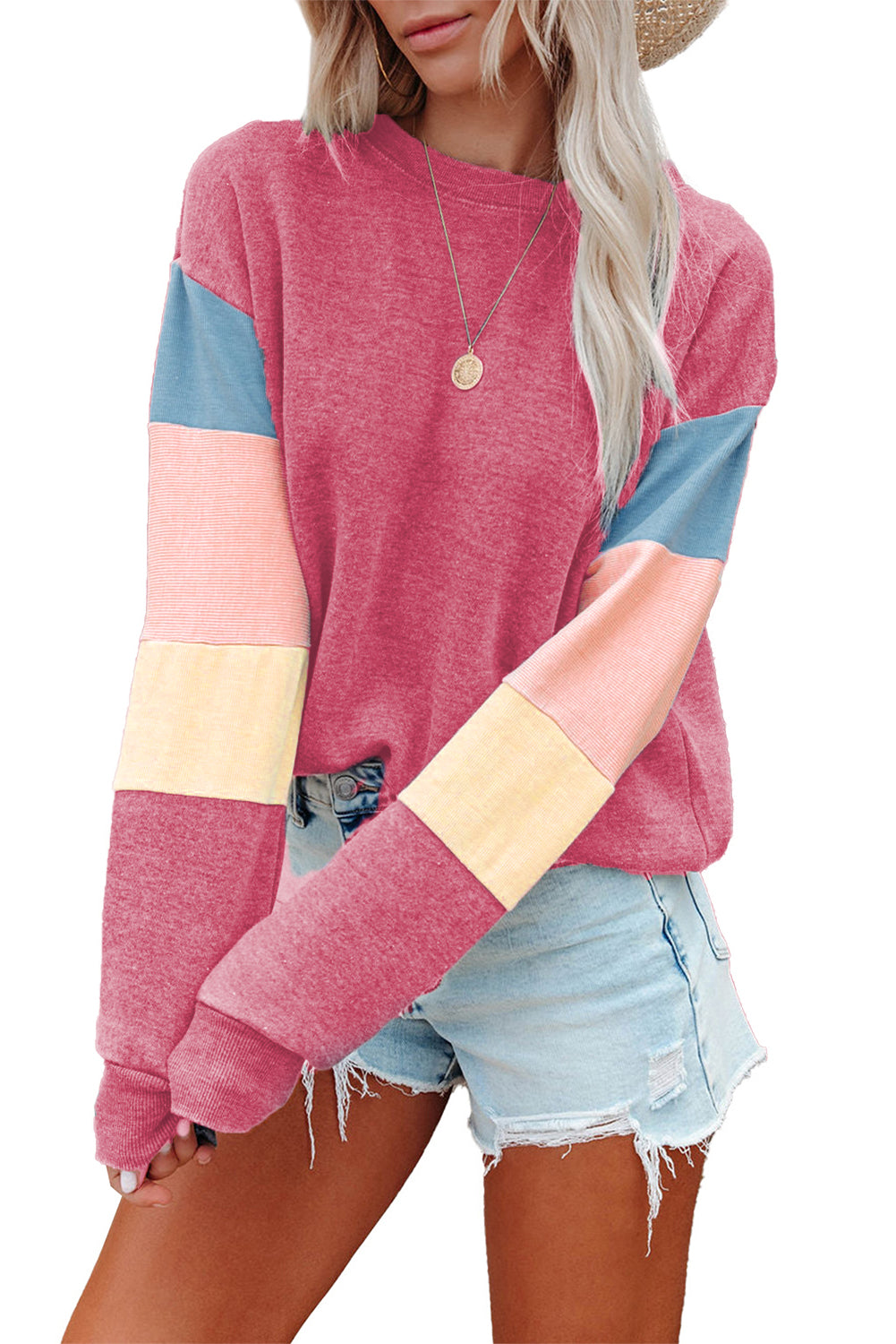 Dark Blue Color Block Casual Drop Sleeve Sweatshirt