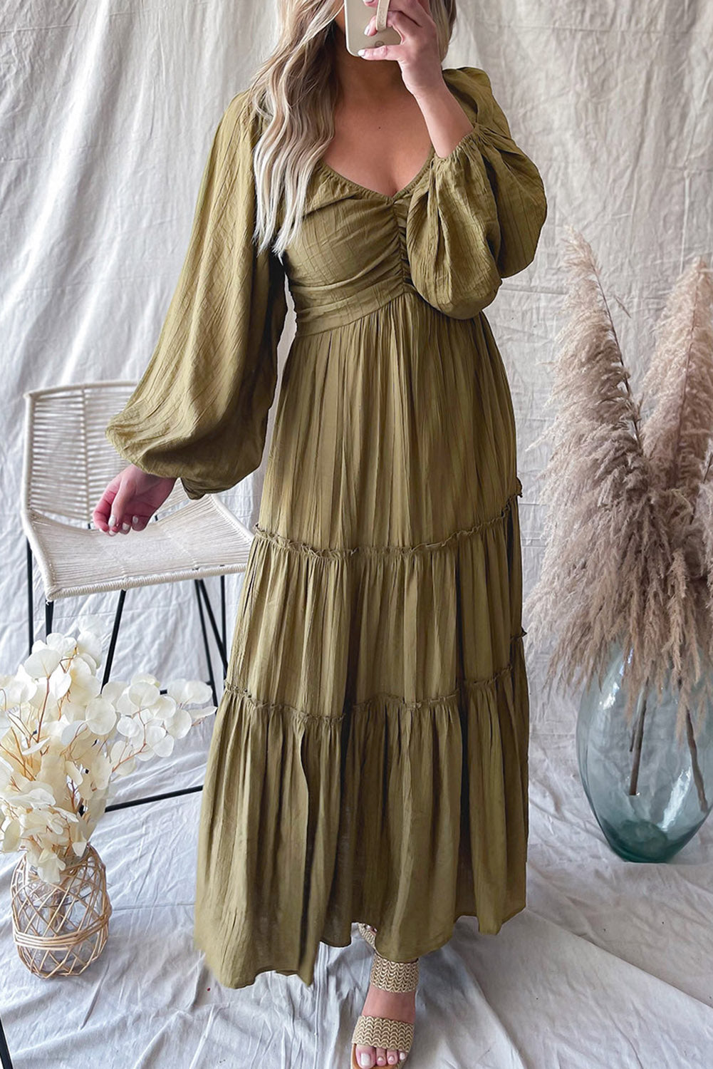 Brown V Neck Bowknot Cutout Frill Tiered Maxi Dress