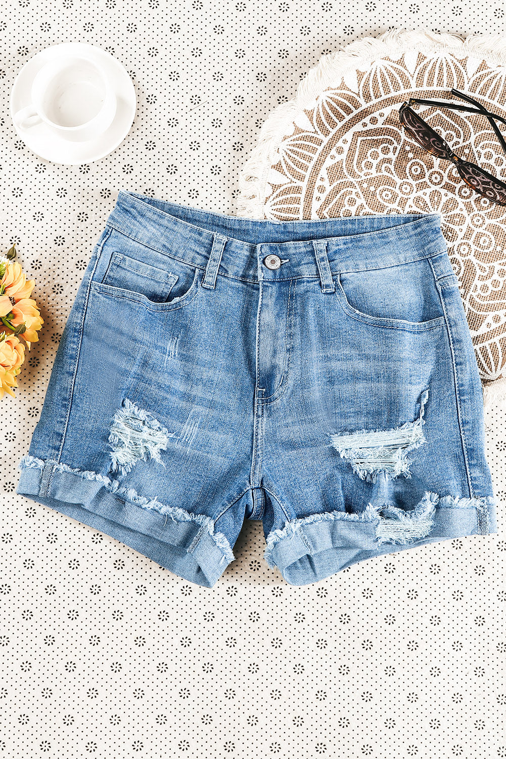 Dark Blue Casual Ripped Rolled Hem Denim Shorts