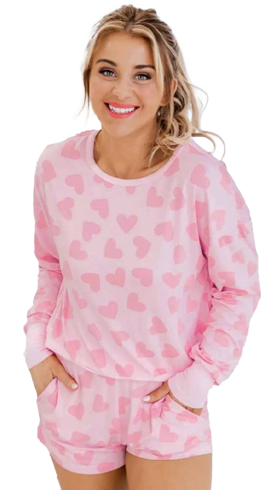 Pink Heart Print Long Sleeve Top and Shorts Loungewear Set