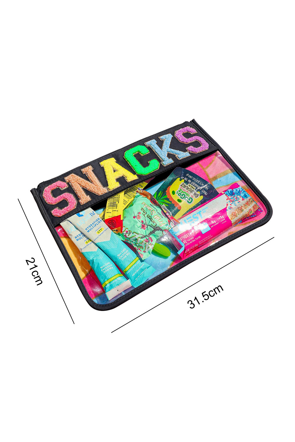 Black SNACKS Chenille Letters Zipped Clear Pouch