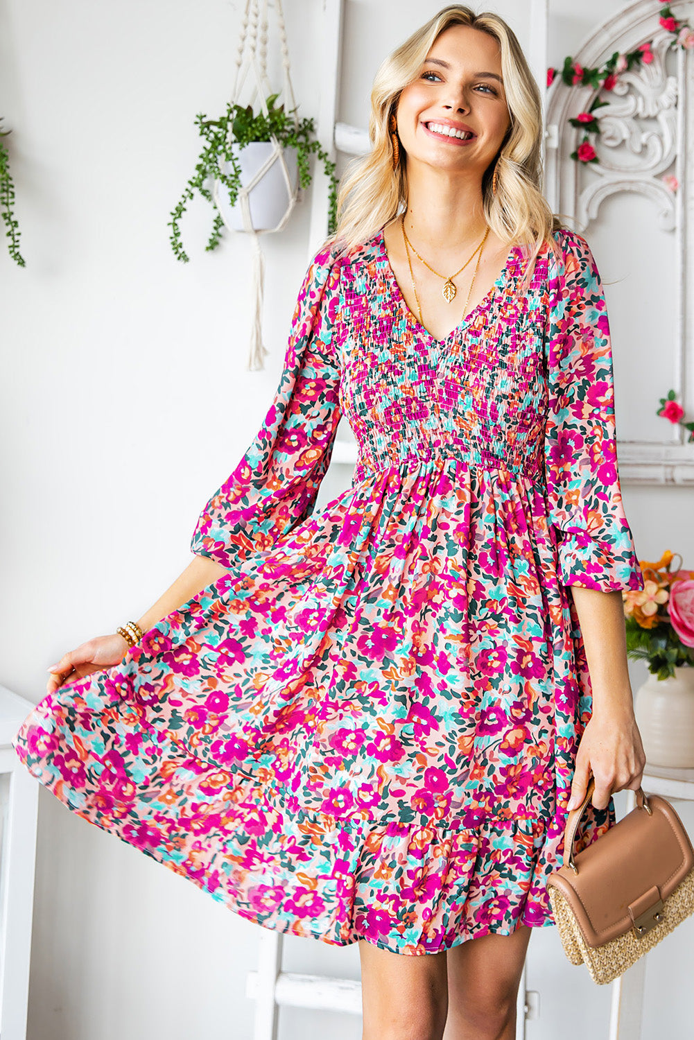 Floral Print Long Sleeve Flounce Hem V Neck Smocked Dress