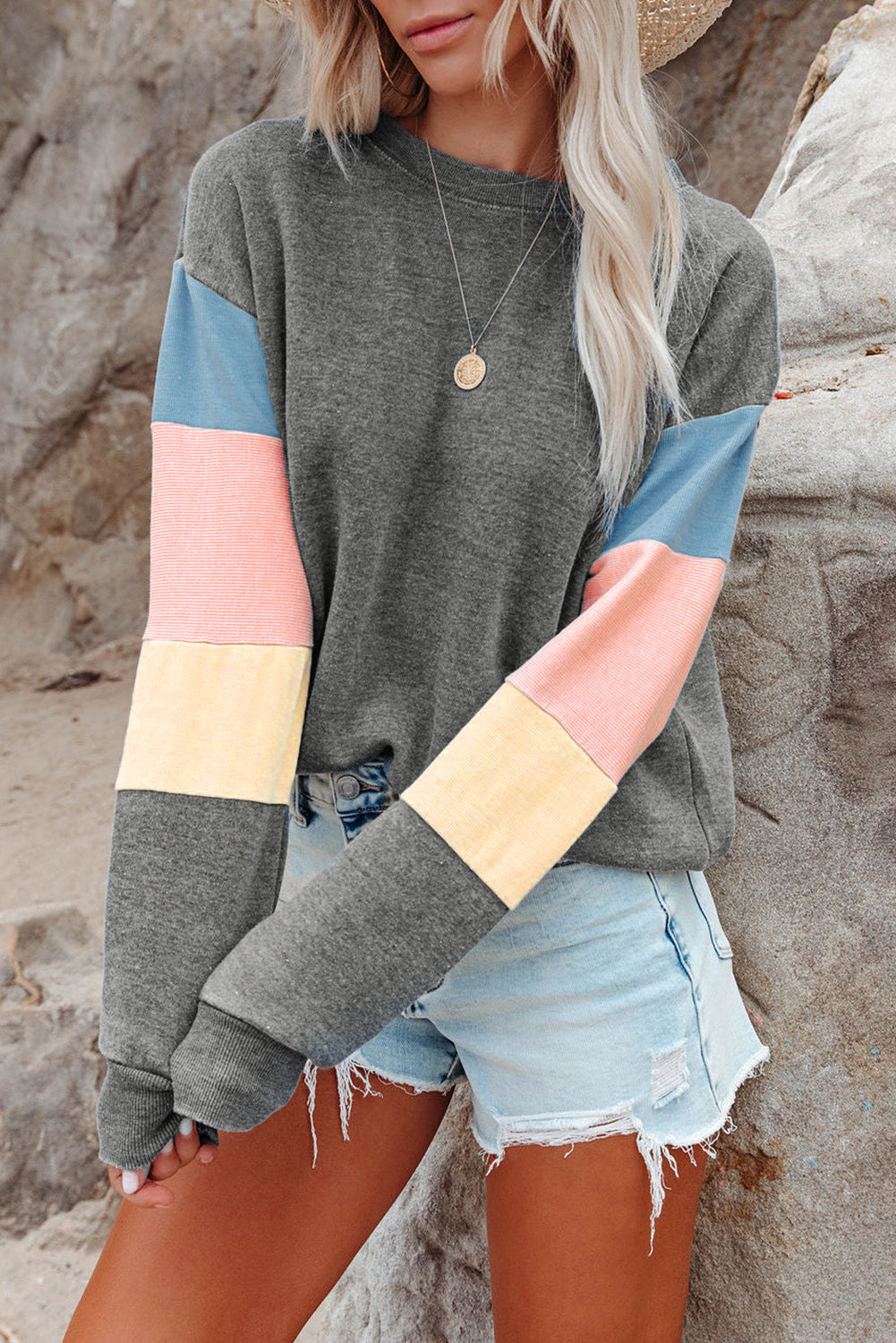 Dark Blue Color Block Casual Drop Sleeve Sweatshirt