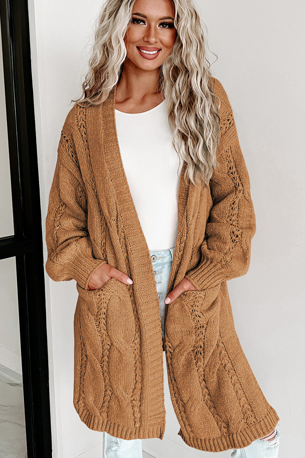 Khaki Ribbed Trim Hollow Knit Side Slits Cardigan