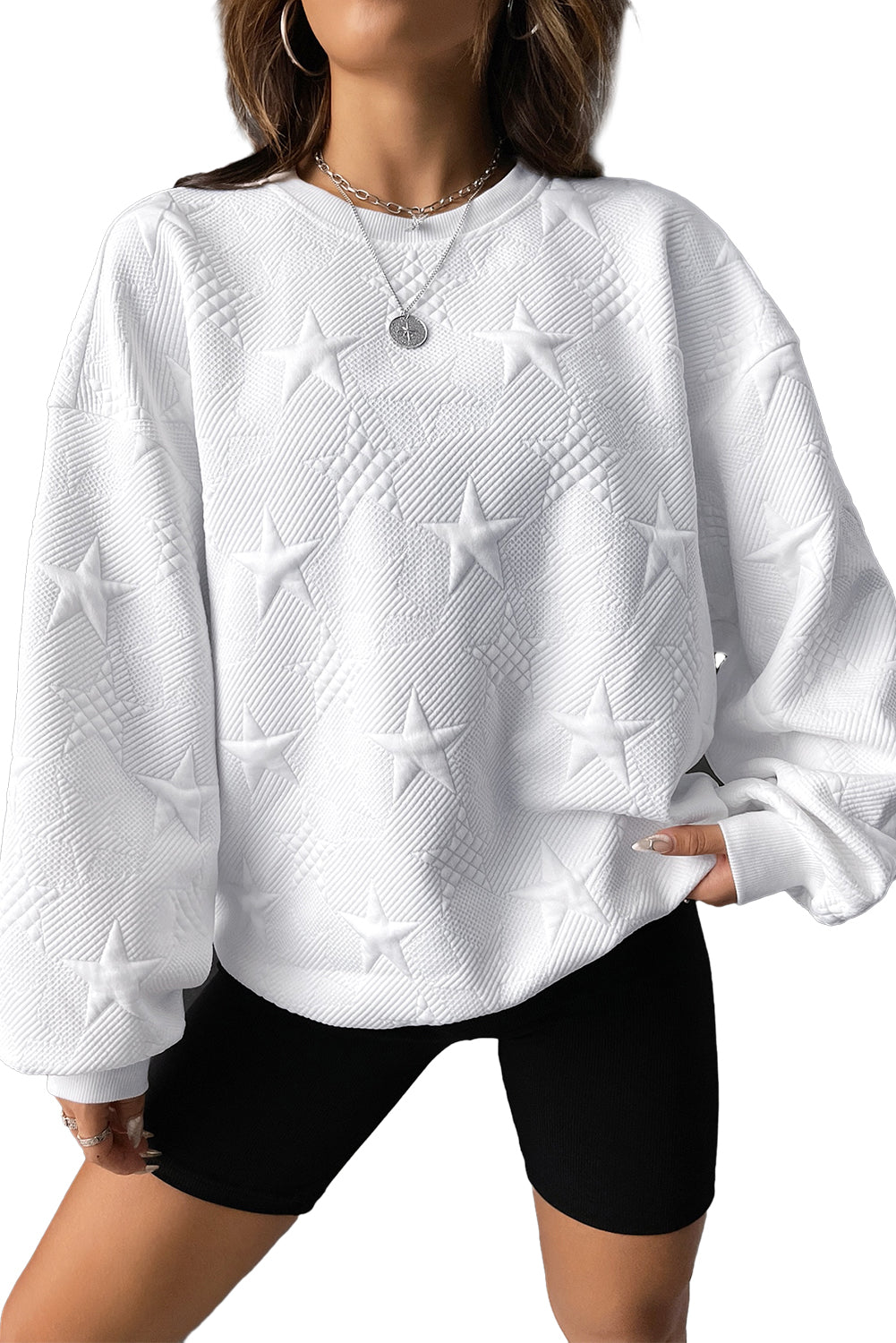 Peach Blossom Star Embossed Textured Drop Shoulder Sweatshirt