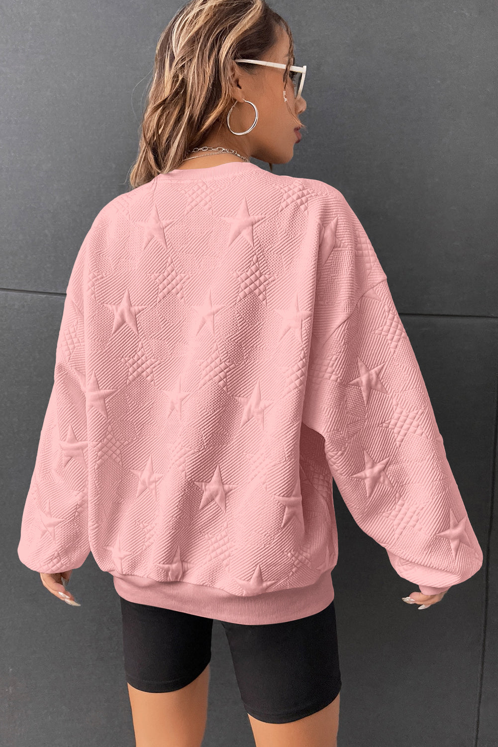 Peach Blossom Star Embossed Textured Drop Shoulder Sweatshirt