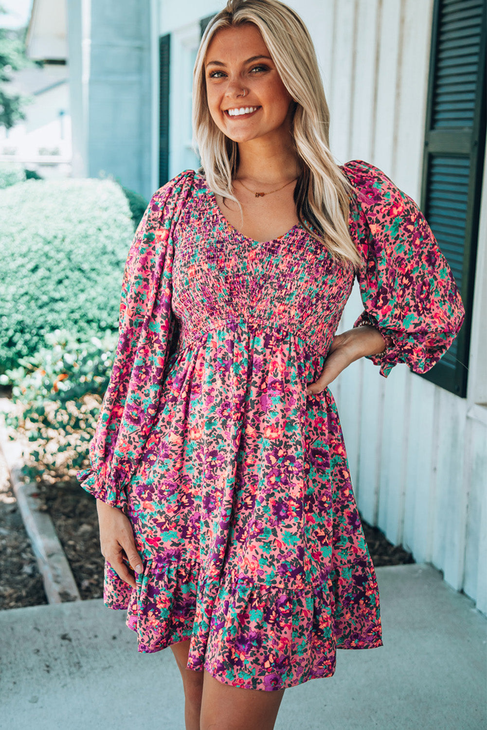 Floral Print Long Sleeve Flounce Hem V Neck Smocked Dress