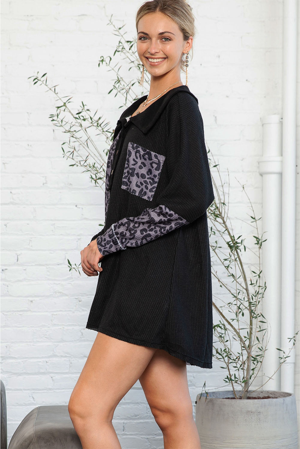 Black Waffle Knit and Leopard Print Color Block Oversized Henley Shirt