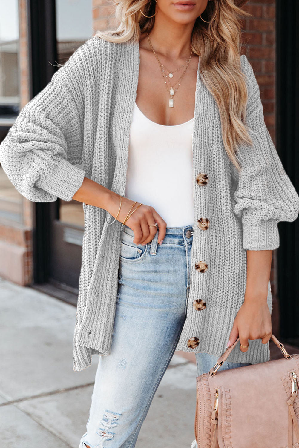 Khaki Solid Color Buttoned Down Casual Knitted Cardigan