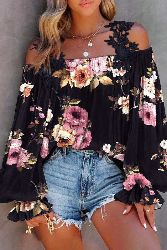 Floral Print Lace Patchwork Loose Off Shoulder Blouse