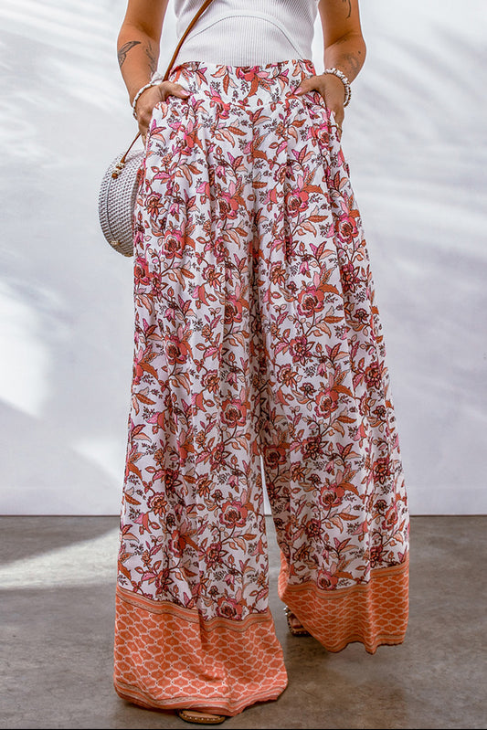 Floral Print Shirred High Waist Wide Leg Pants