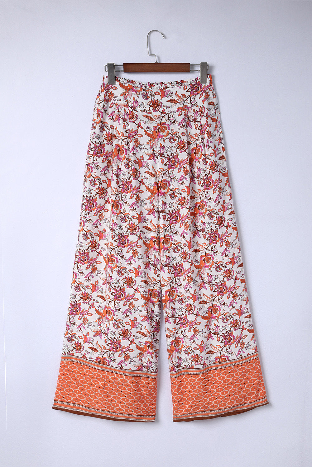 Floral Print Shirred High Waist Wide Leg Pants