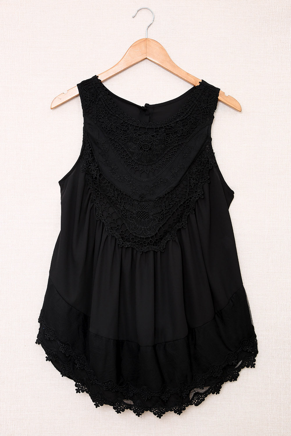 Casual Contrast Lace Crochet Button Back Sleeveless Shirt