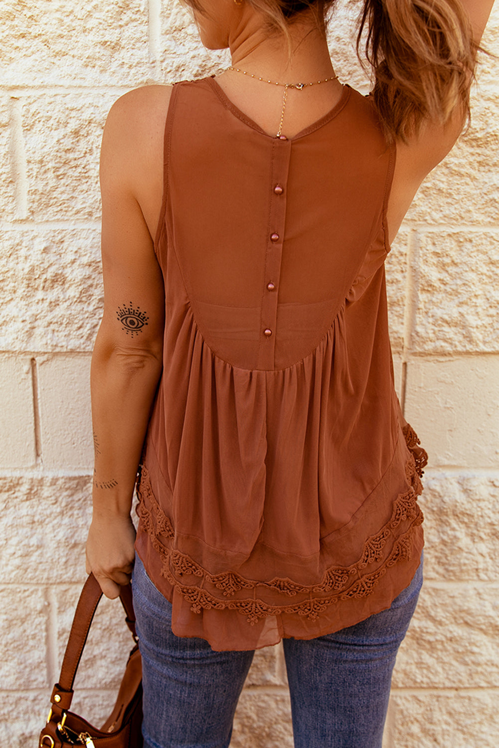 Casual Contrast Lace Crochet Button Back Sleeveless Shirt