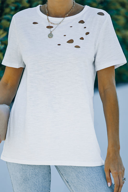 White Distressed Short Sleeve Summer Plain T-Shirt