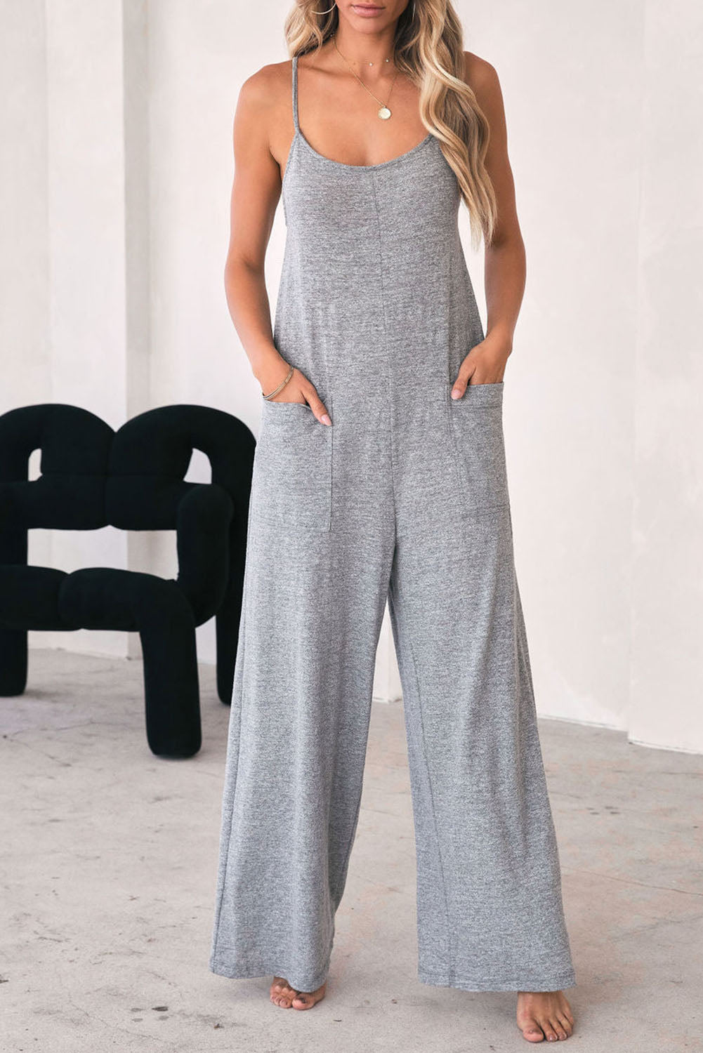 Gray Loose Fit Side Pockets Spaghetti Strap Wide Leg Jumpsuit