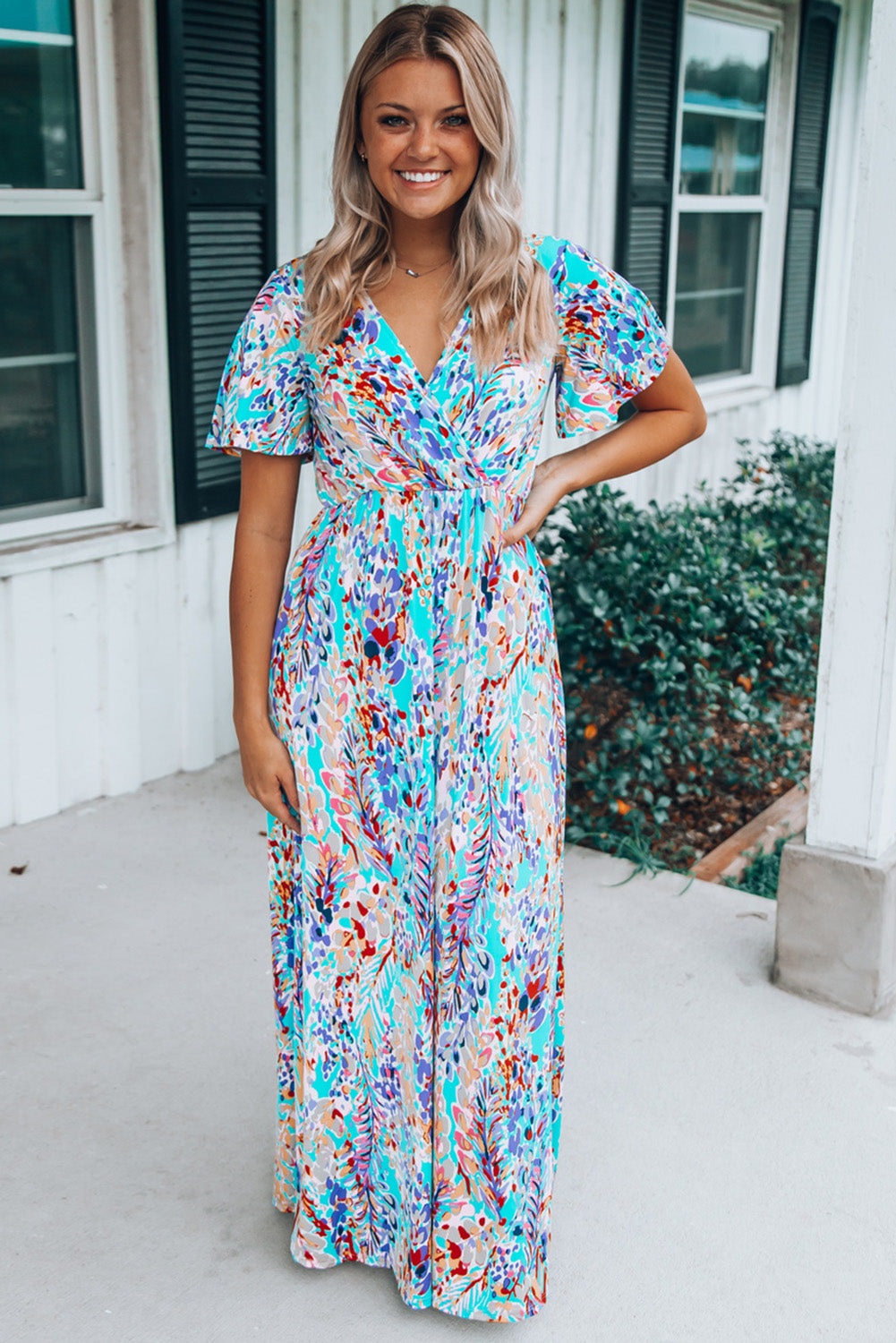 Bohemian Wrap V Neck Color Block Maxi