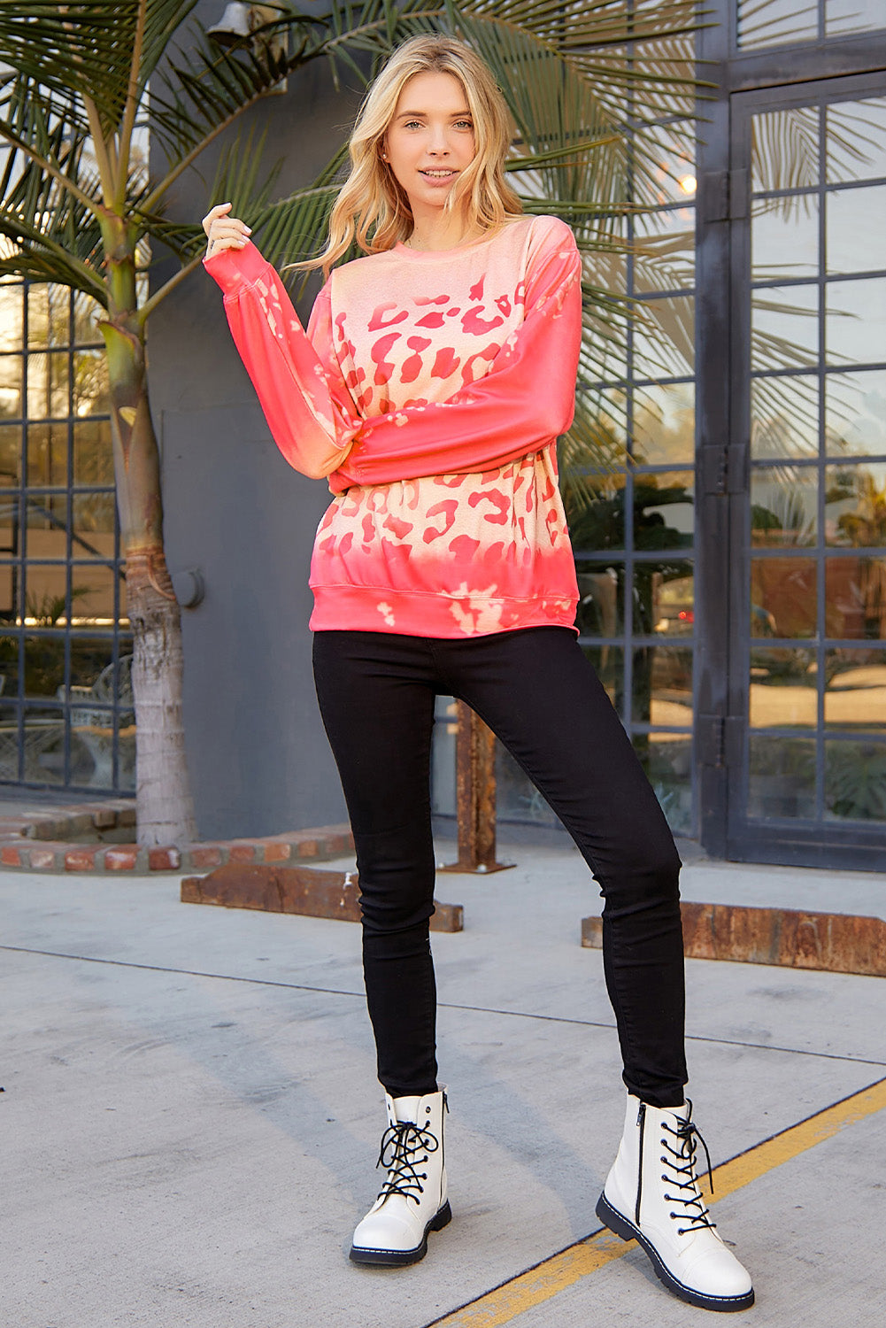 Bleached Cheetah Print Colorblock Sweatshirt