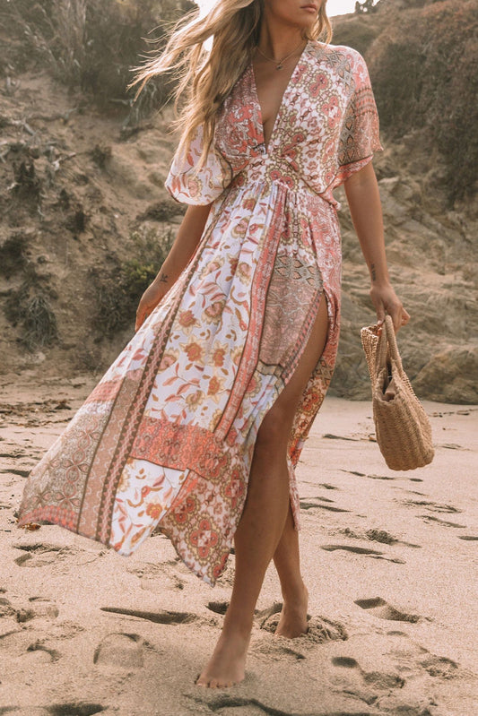 Boho Print Deep V Kimono Sleeves Beach Dress With Split