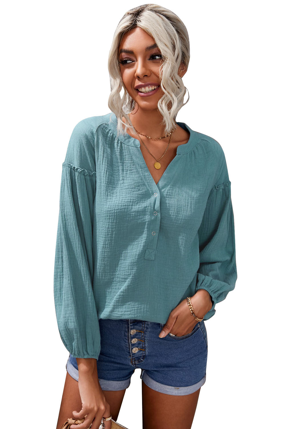 Frill Button Front Casual Blue Crinkled Blouse Top for Women