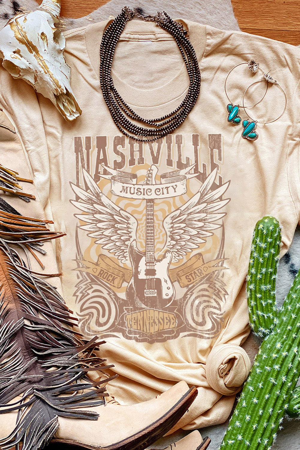 Khaki Music City Guitar Graphic Print T Shirt