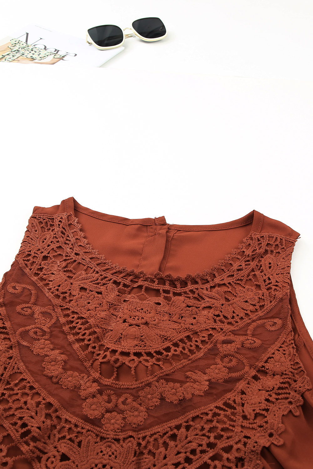 Casual Contrast Lace Crochet Button Back Sleeveless Shirt