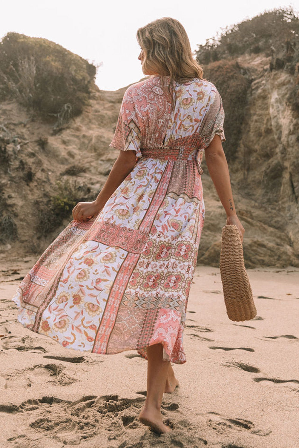 Boho Print Deep V Kimono Sleeves Beach Dress With Split