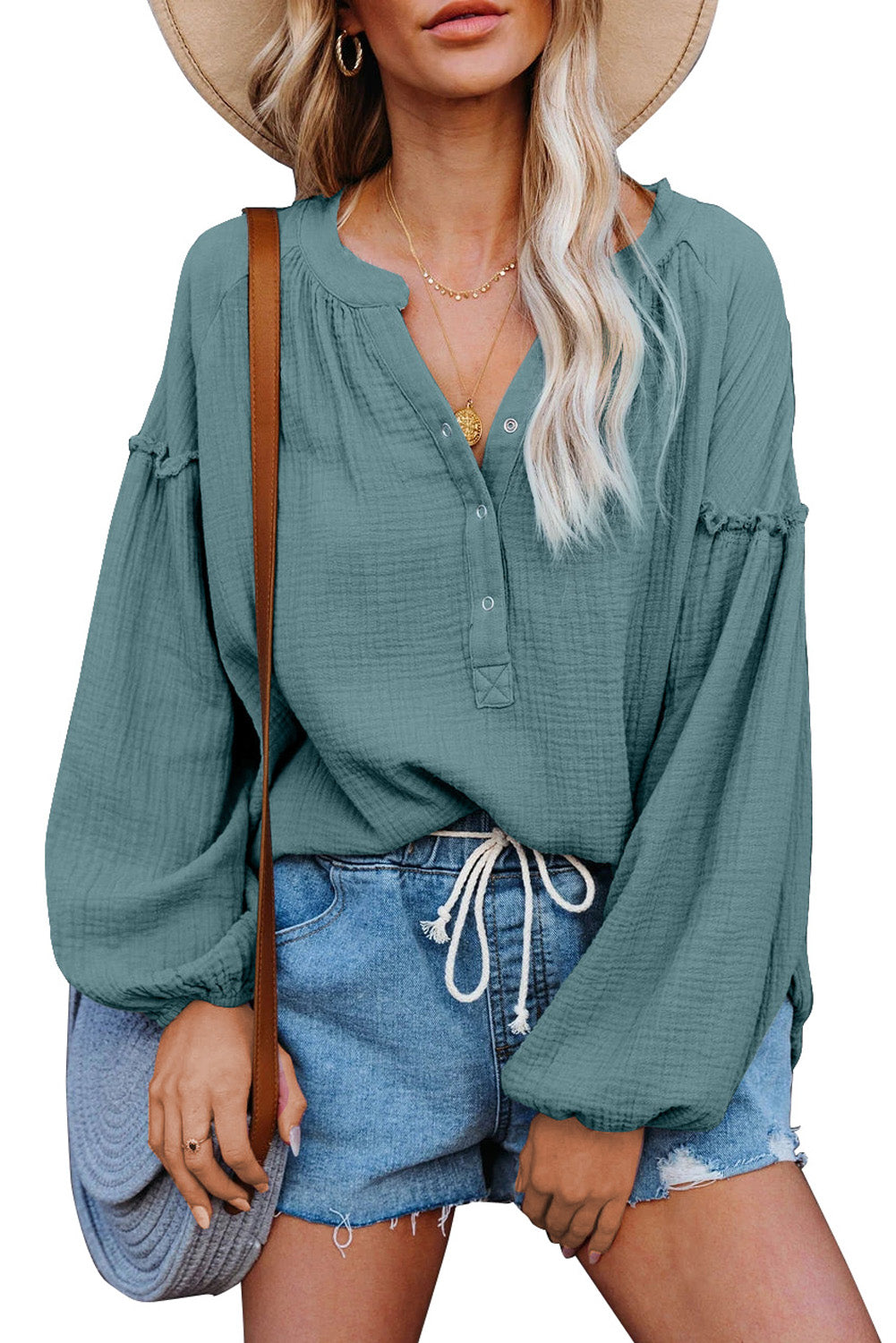 Frill Button Front Casual Blue Crinkled Blouse Top for Women