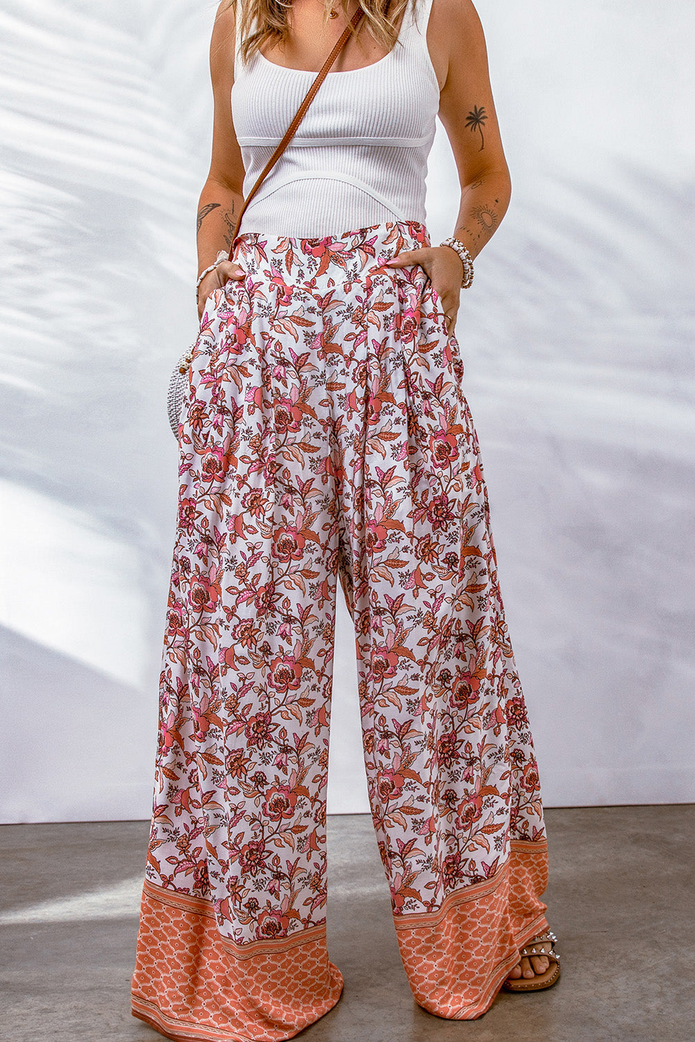 Floral Print Shirred High Waist Wide Leg Pants