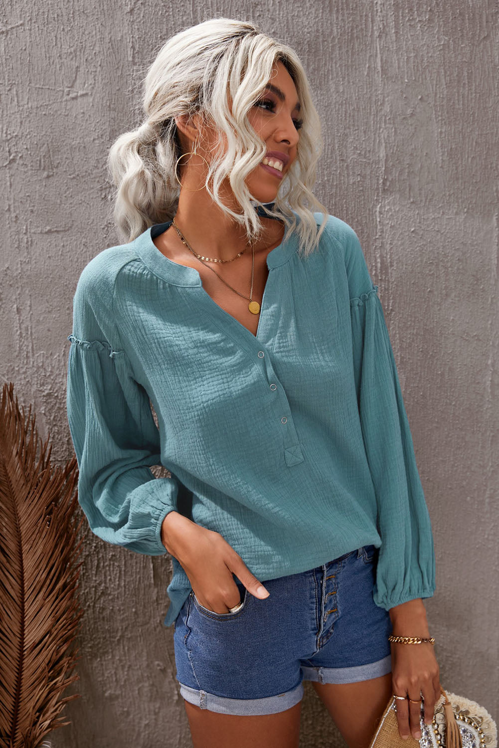 Frill Button Front Casual Blue Crinkled Blouse Top for Women