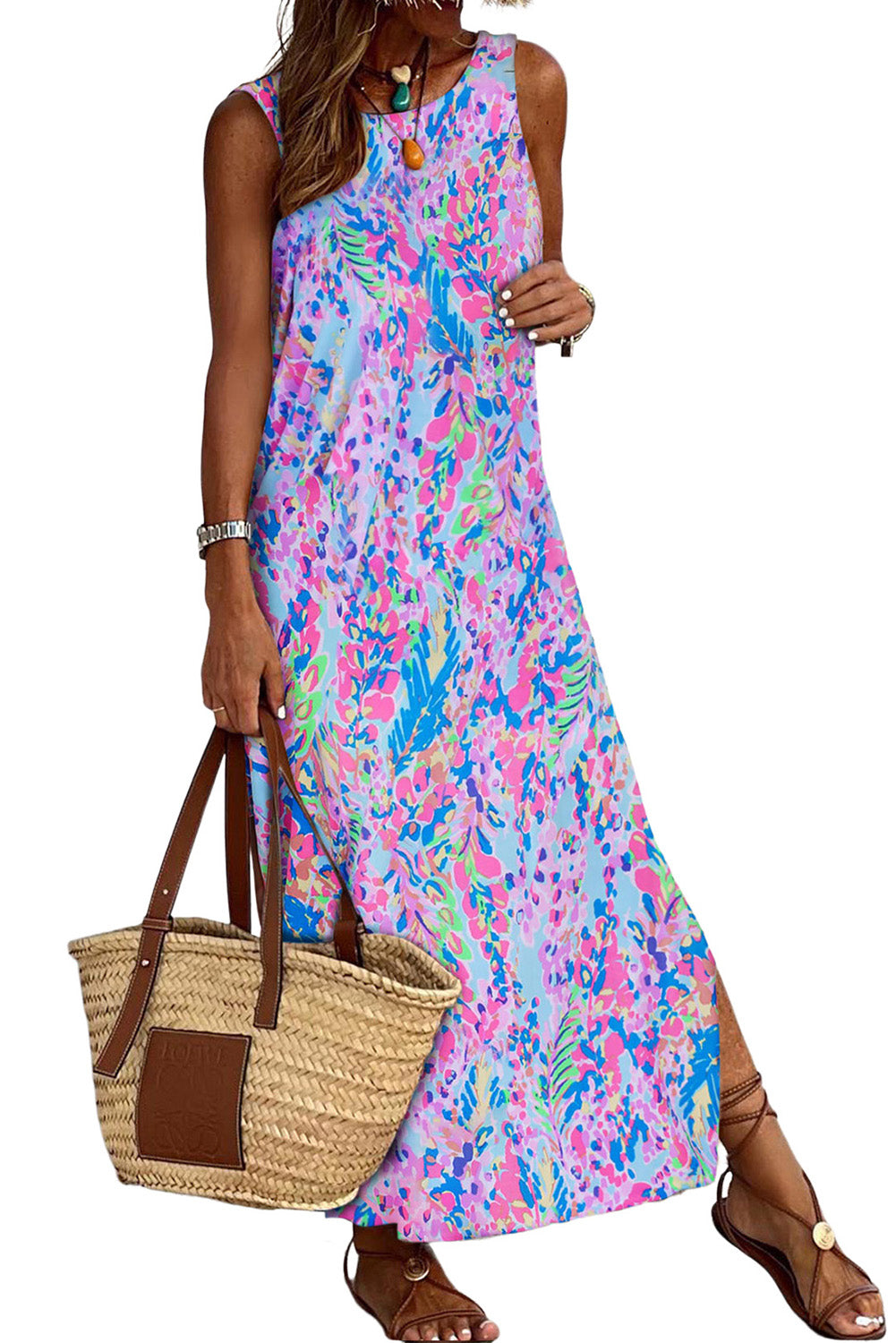 Fluorescent Printed Round Neck	 Sleeveless Maxi Dress