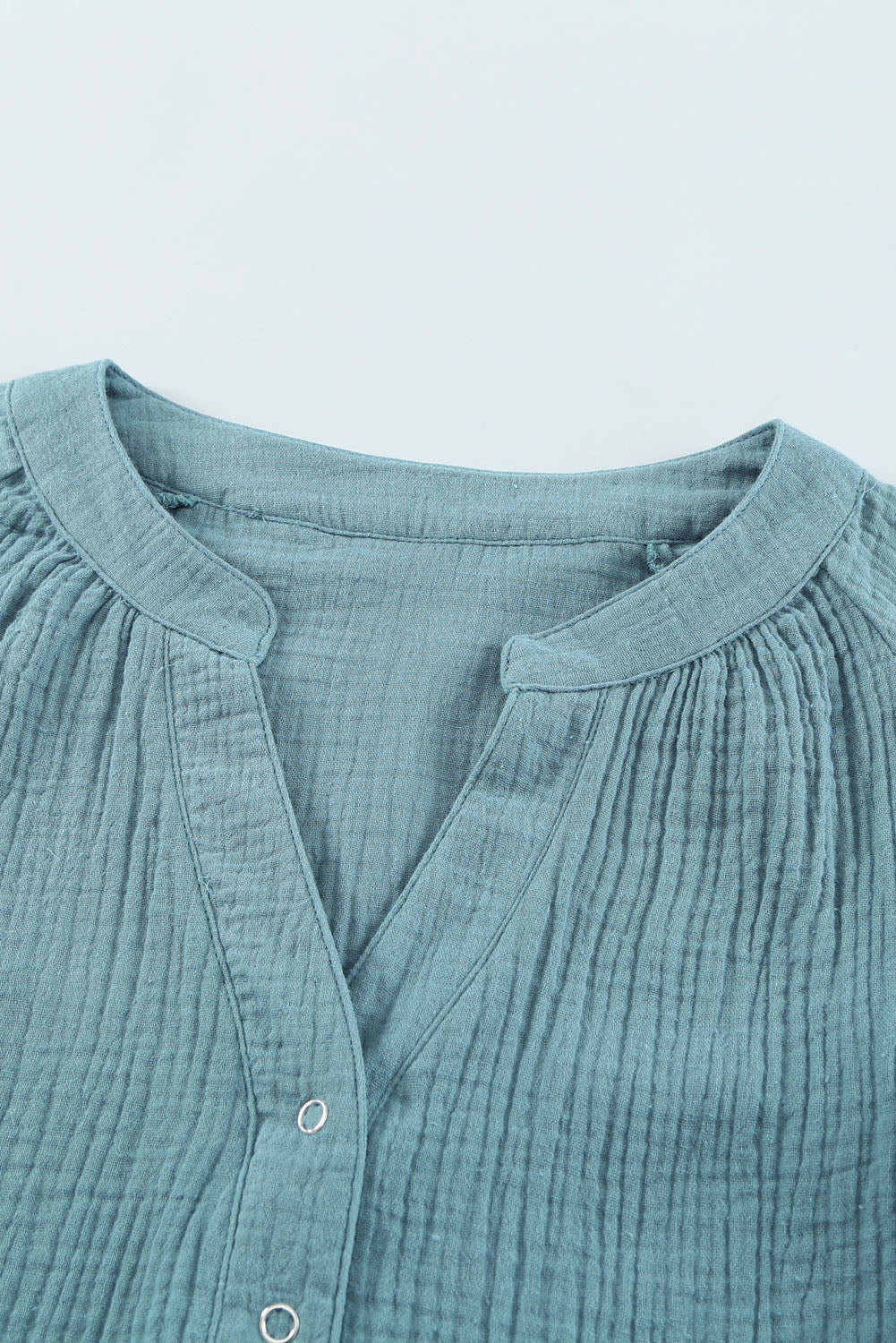 Frill Button Front Casual Blue Crinkled Blouse Top for Women