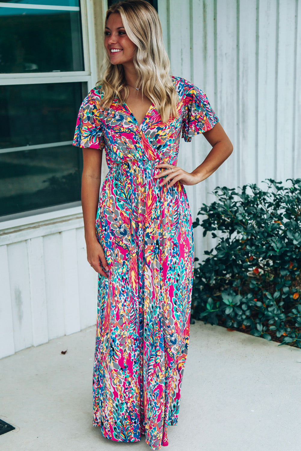 Bohemian Wrap V Neck Color Block Maxi