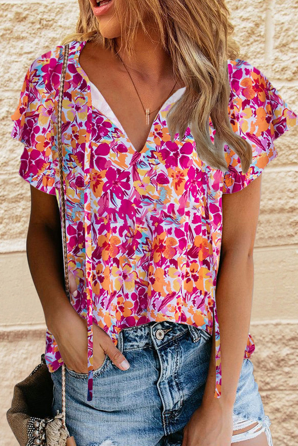 Floral Print Flutter Sleeves Short Sleeve Blouse