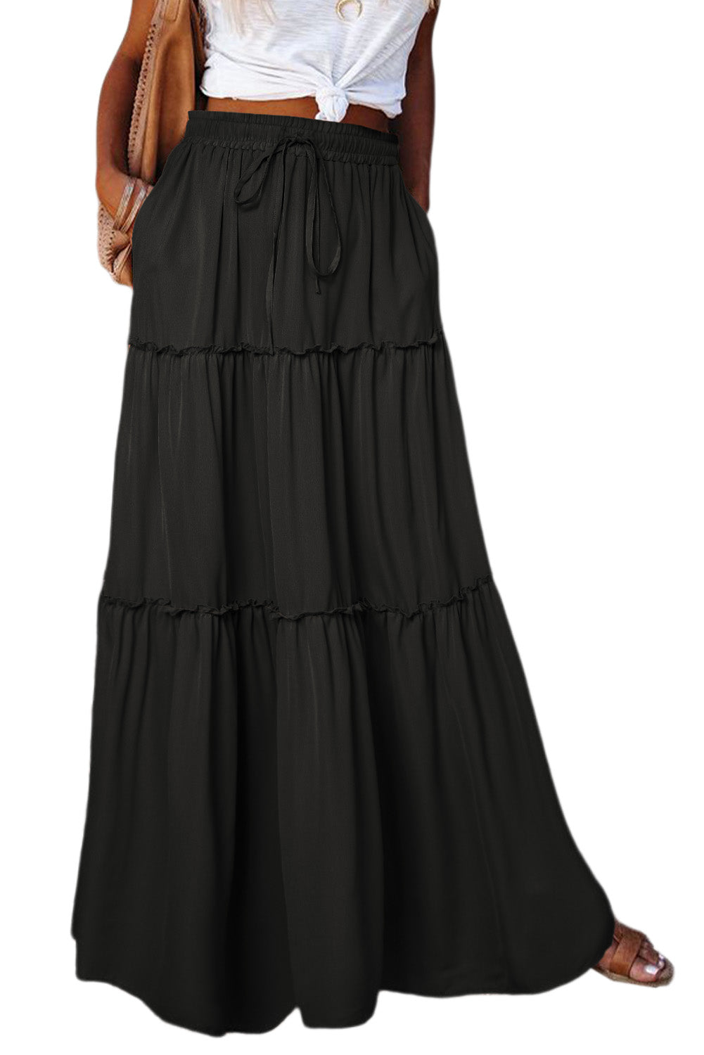 Casual Tiered Drawstring Elastic Waist Maxi Skirt