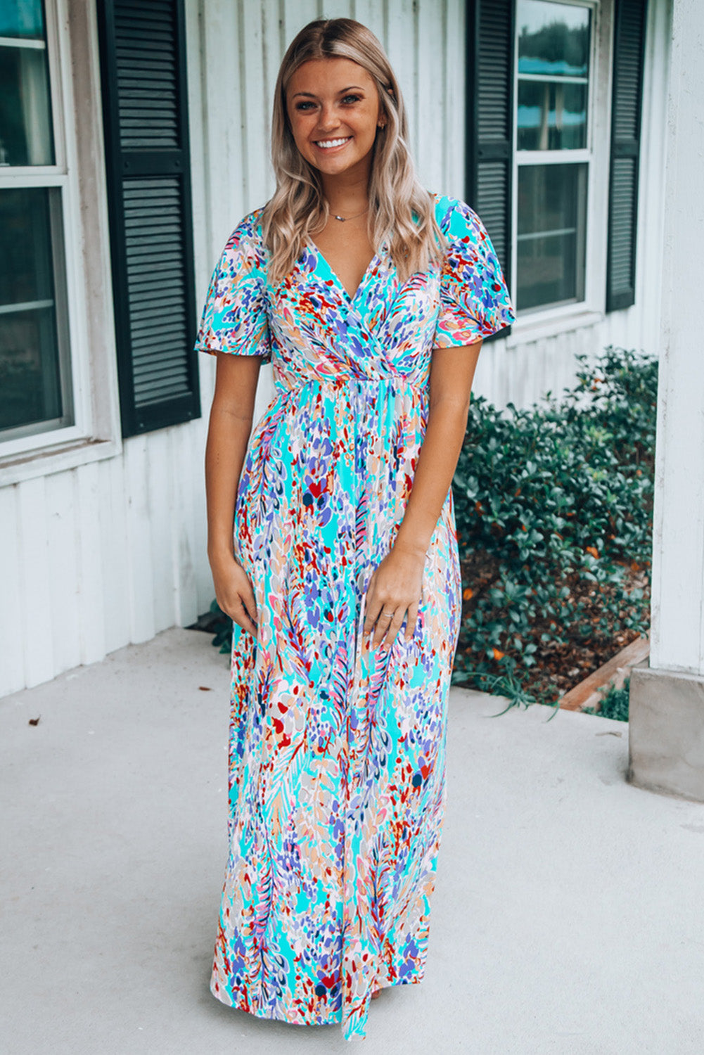 Bohemian Wrap V Neck Color Block Maxi