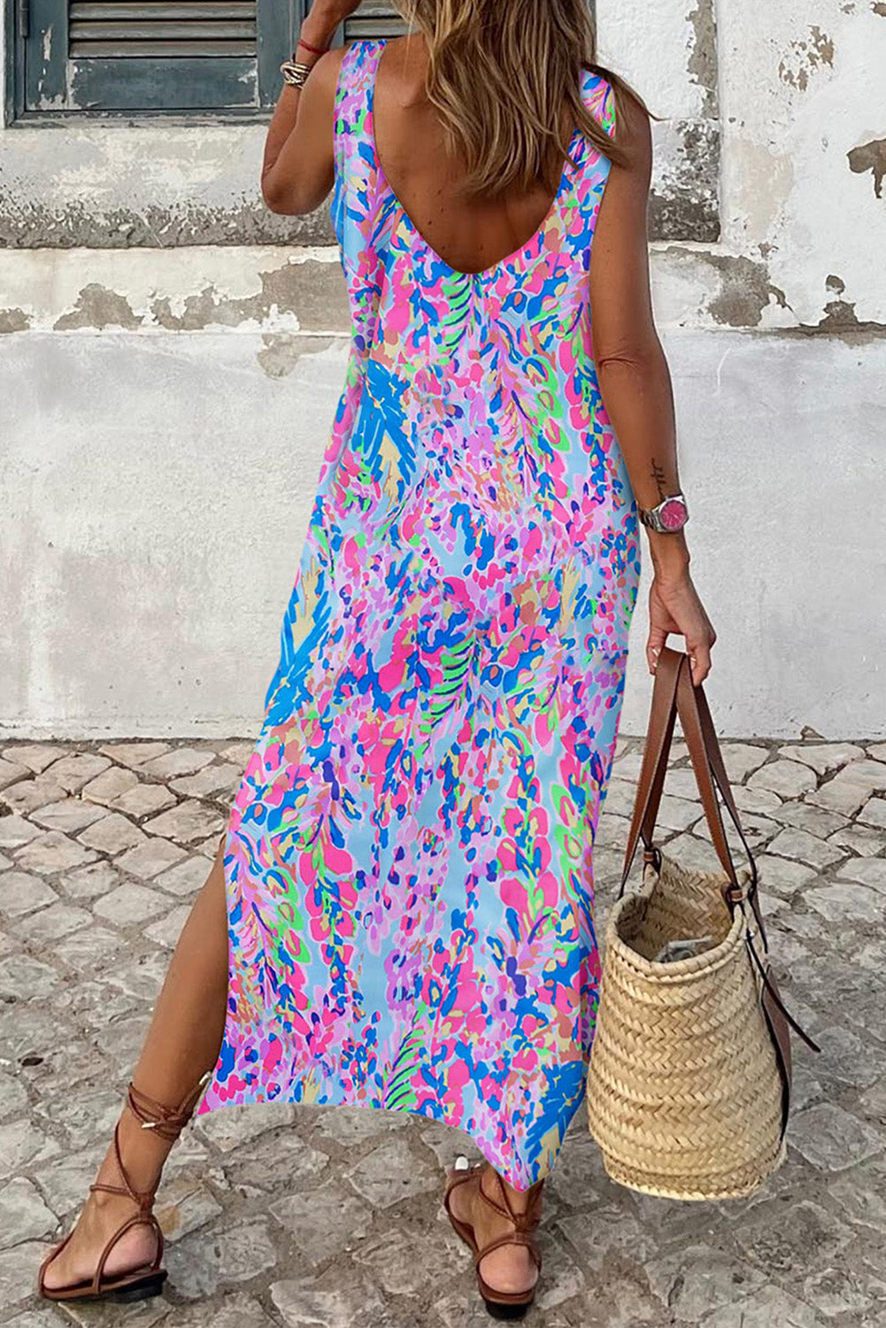 Fluorescent Printed Round Neck	 Sleeveless Maxi Dress