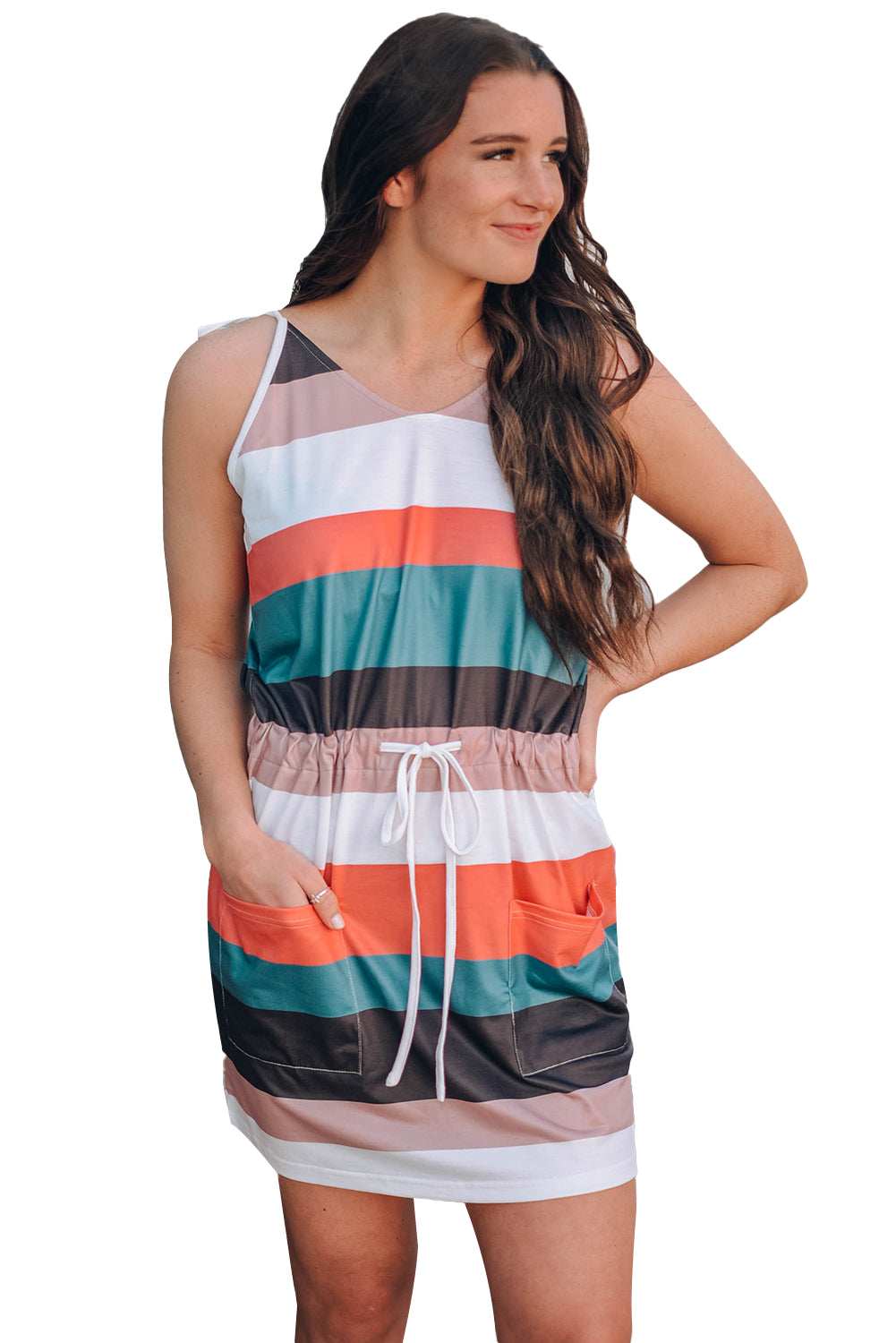 Dark Blue Striped Colorblock Spaghetti Straps Pocket Drawstring Waist Mini Dress