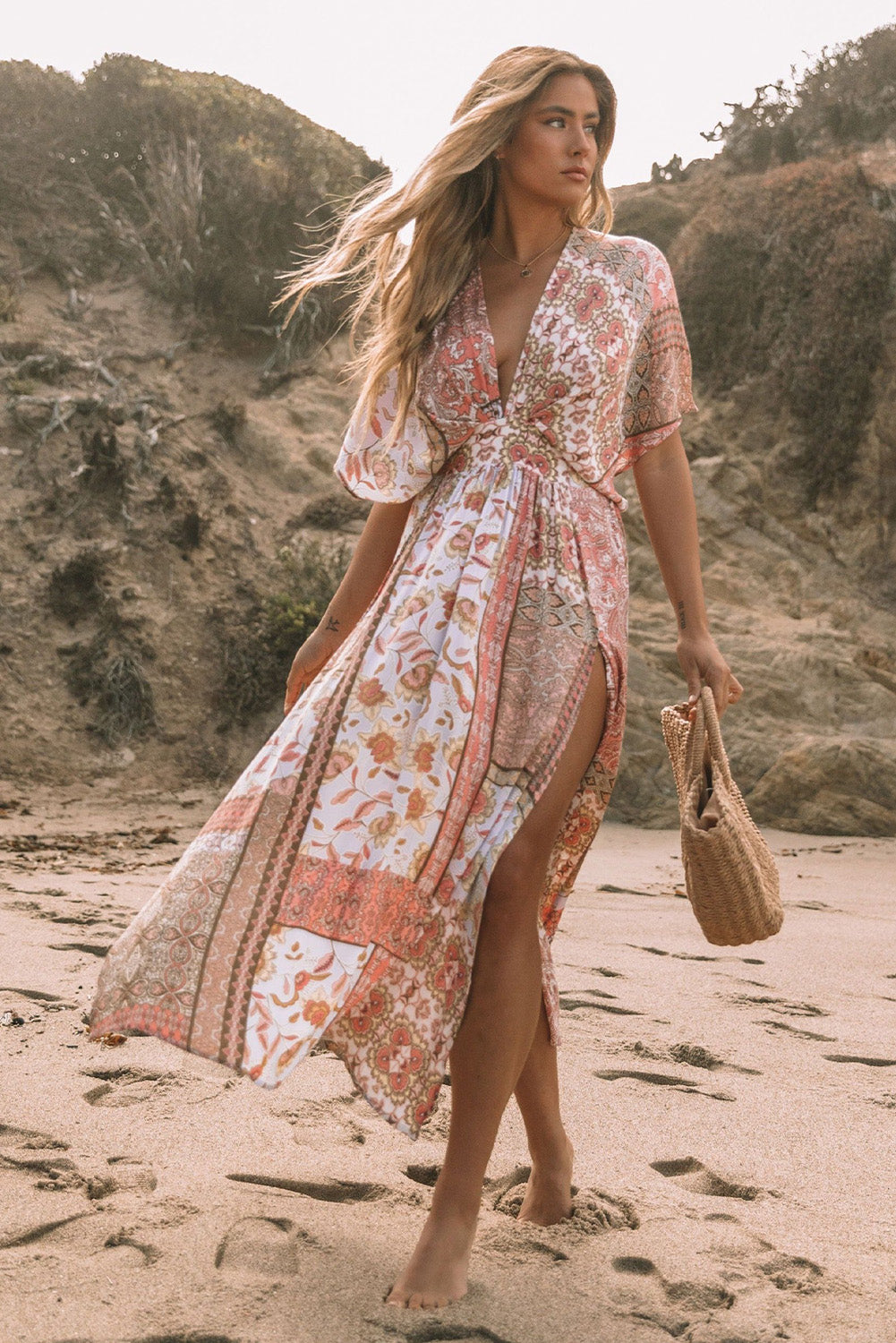 Boho Print Deep V Kimono Sleeves Beach Dress With Split