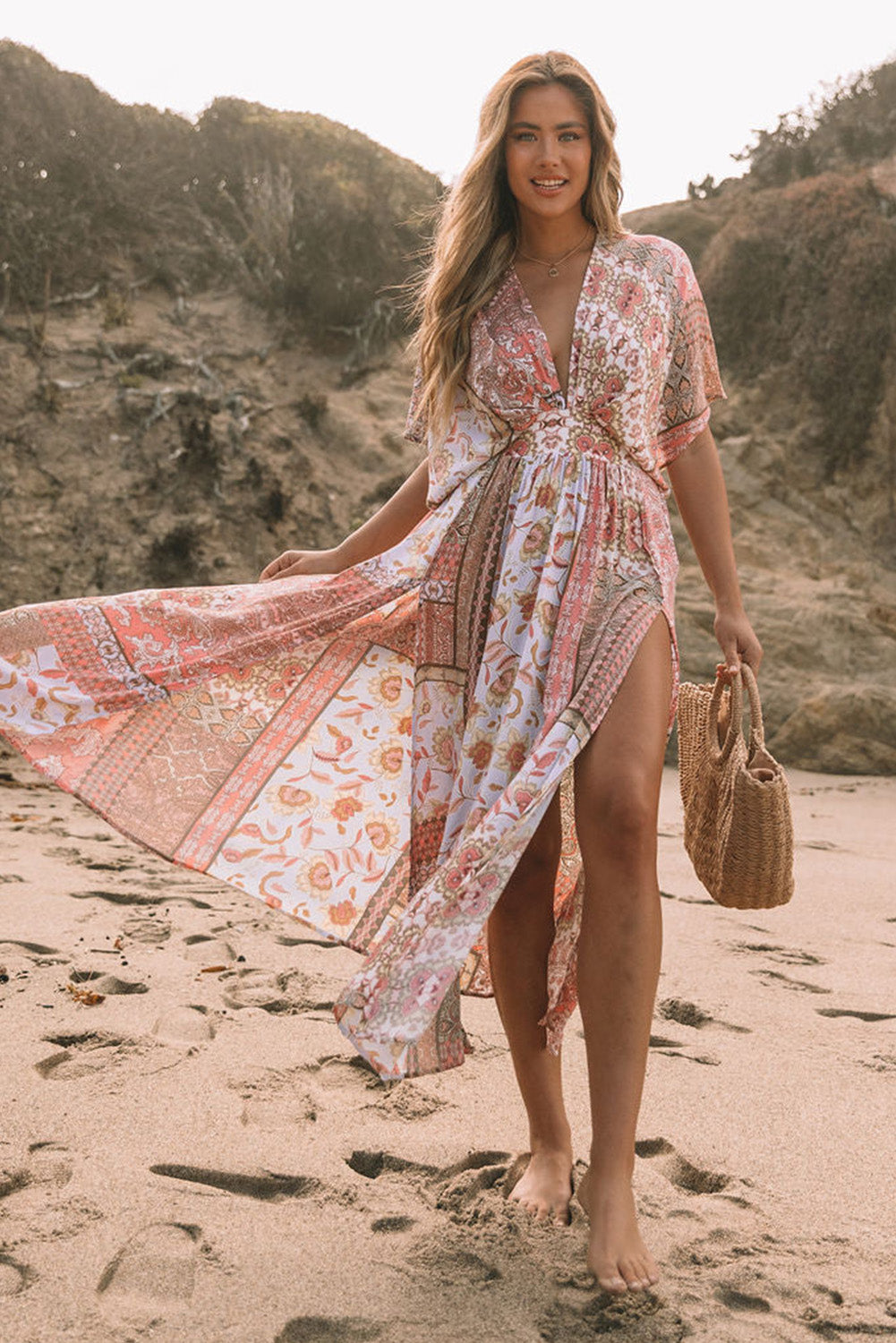 Boho Print Deep V Kimono Sleeves Beach Dress With Split