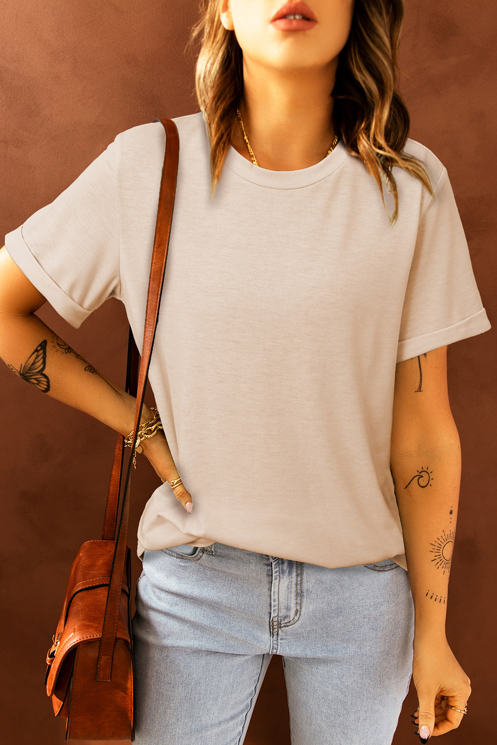 Khaki Solid Color Crew Neck Tee