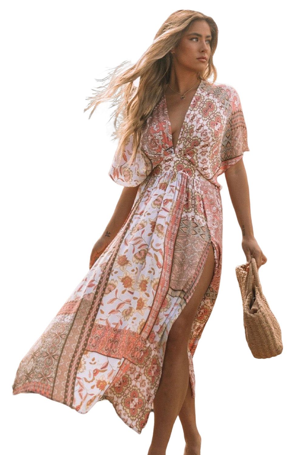 Boho Print Deep V Kimono Sleeves Beach Dress With Split