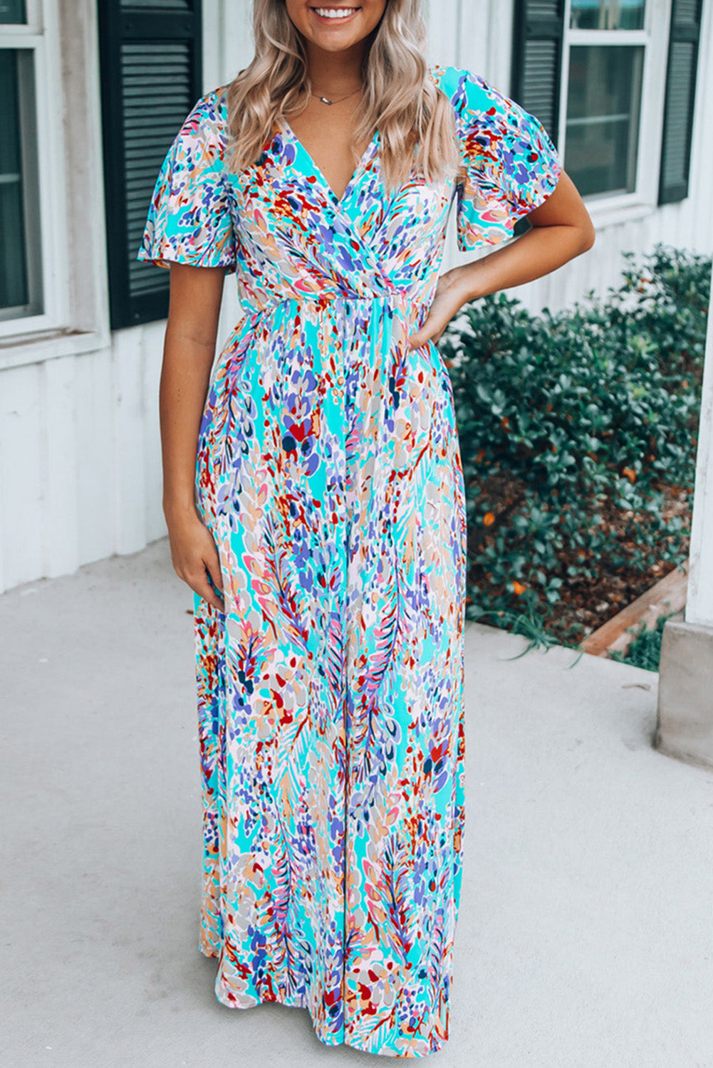 Bohemian Wrap V Neck Color Block Maxi