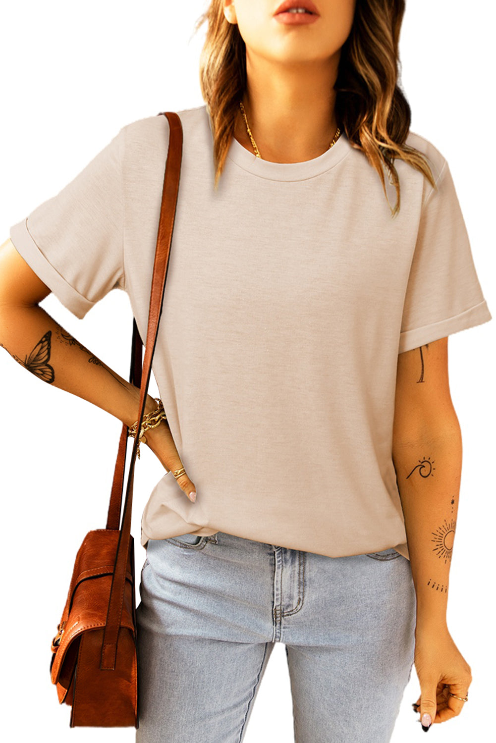 Khaki Solid Color Crew Neck Tee