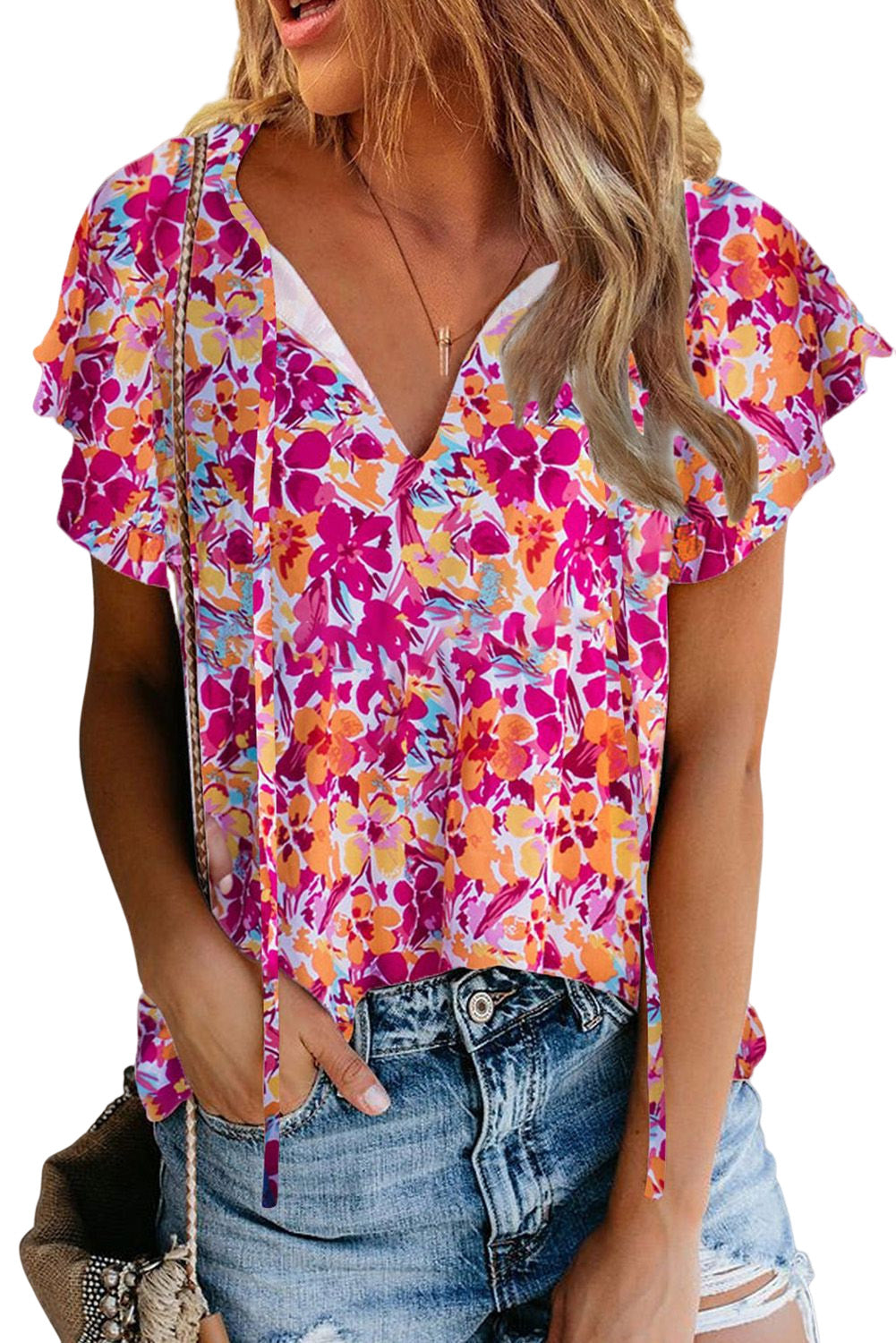 Floral Print Flutter Sleeves Short Sleeve Blouse